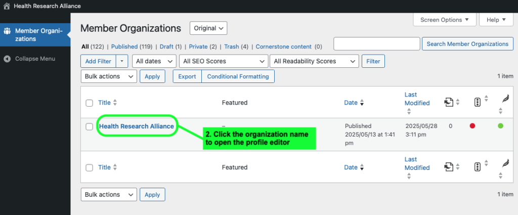 Screenshot of Member Organization Dashboard