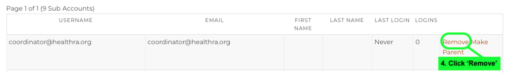Screenshot of sub account menu