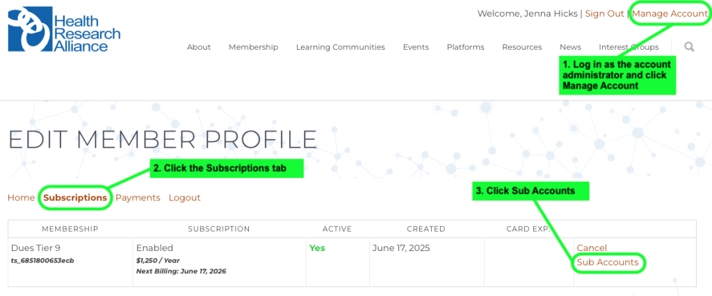 Screenshot of Manage Account menu
